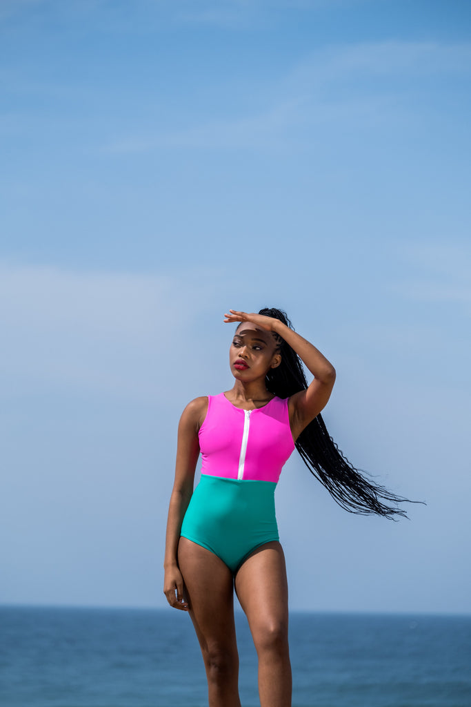 Colour Block Front-Zip One Piece Swimsuit