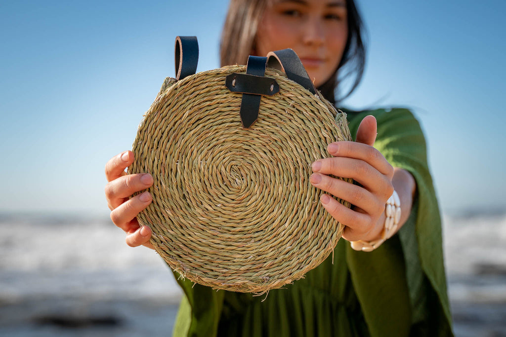 Small Handwoven Handbag with Leather Straps