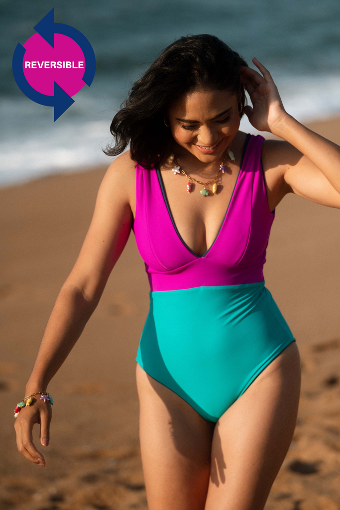 Aqua Magenta Reversible V-Neck One Piece Swimsuit