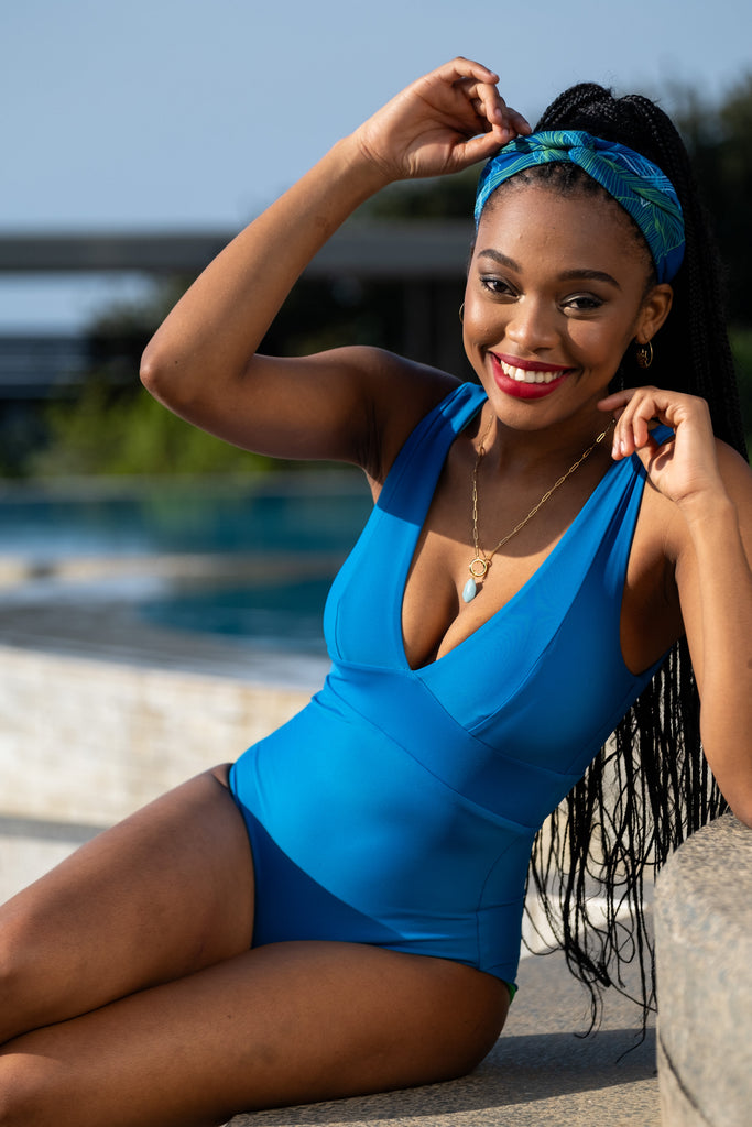 blue one piece reversible swimsuit