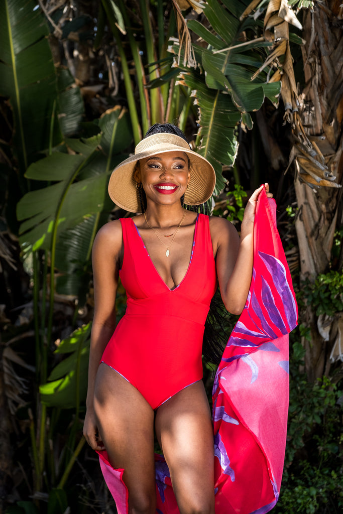 Red reversible one piece swimsuit