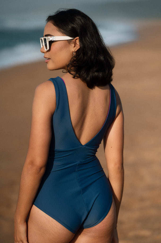 LONG TORSO Aqua Magenta Reversible V-Neck One Piece Swimsuit