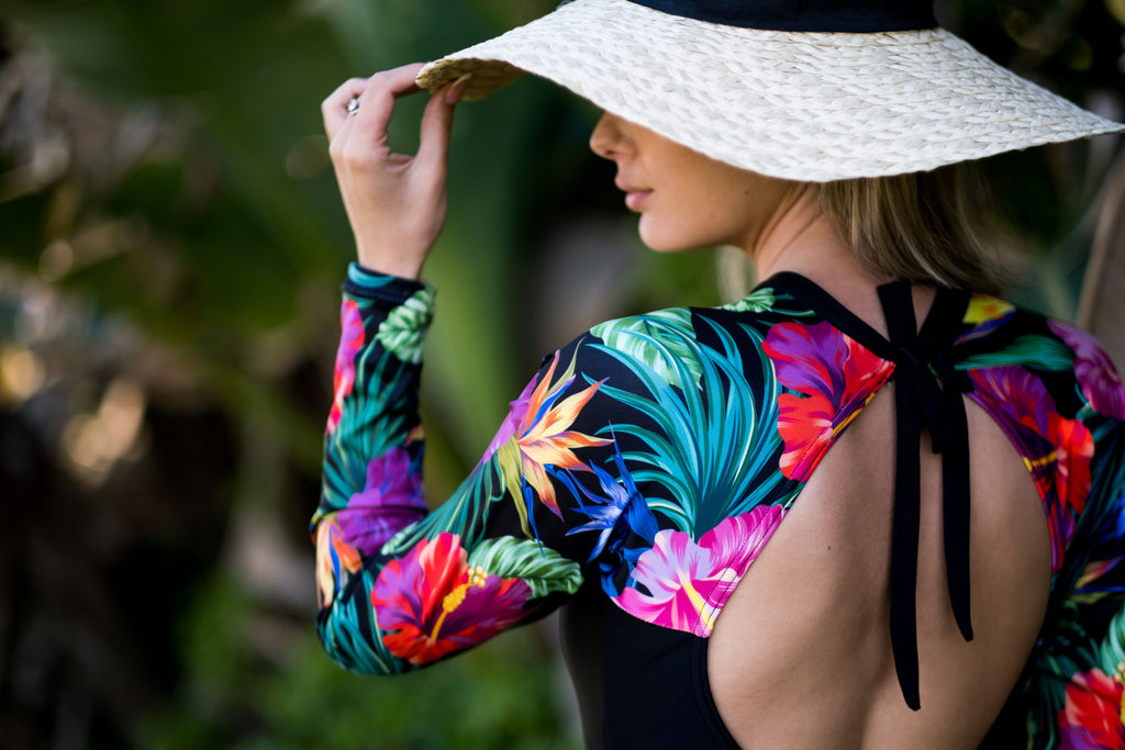 Black and floral longsleeve swimsuit